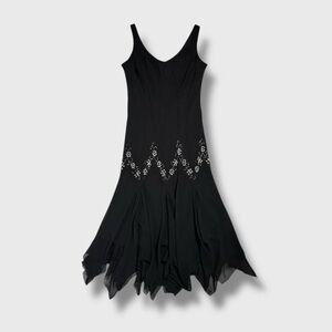 Vintage Y2K whimsigoth beaded pearls black asymmetrical chiffon midi dress 12